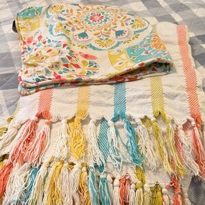 Colorful Striped and Patterned Throw Blanket. Pillow cover 12x26. Good condition